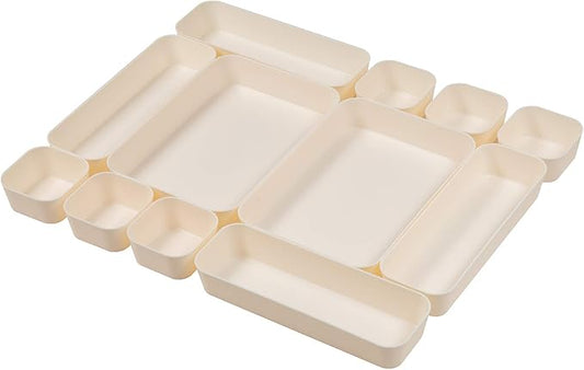 Backerysupply Set Of 12 Beige Color Plastic Desk Drawer Organizers For Makeup Bathroom Office Kitchen Vanity Drawer Storage Box Container