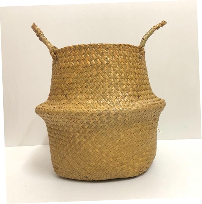 Handmade Foldable Seaweed Storage Basket Woven Decorative Basket for Organizing Clothes Toys and Plants Small Yellow