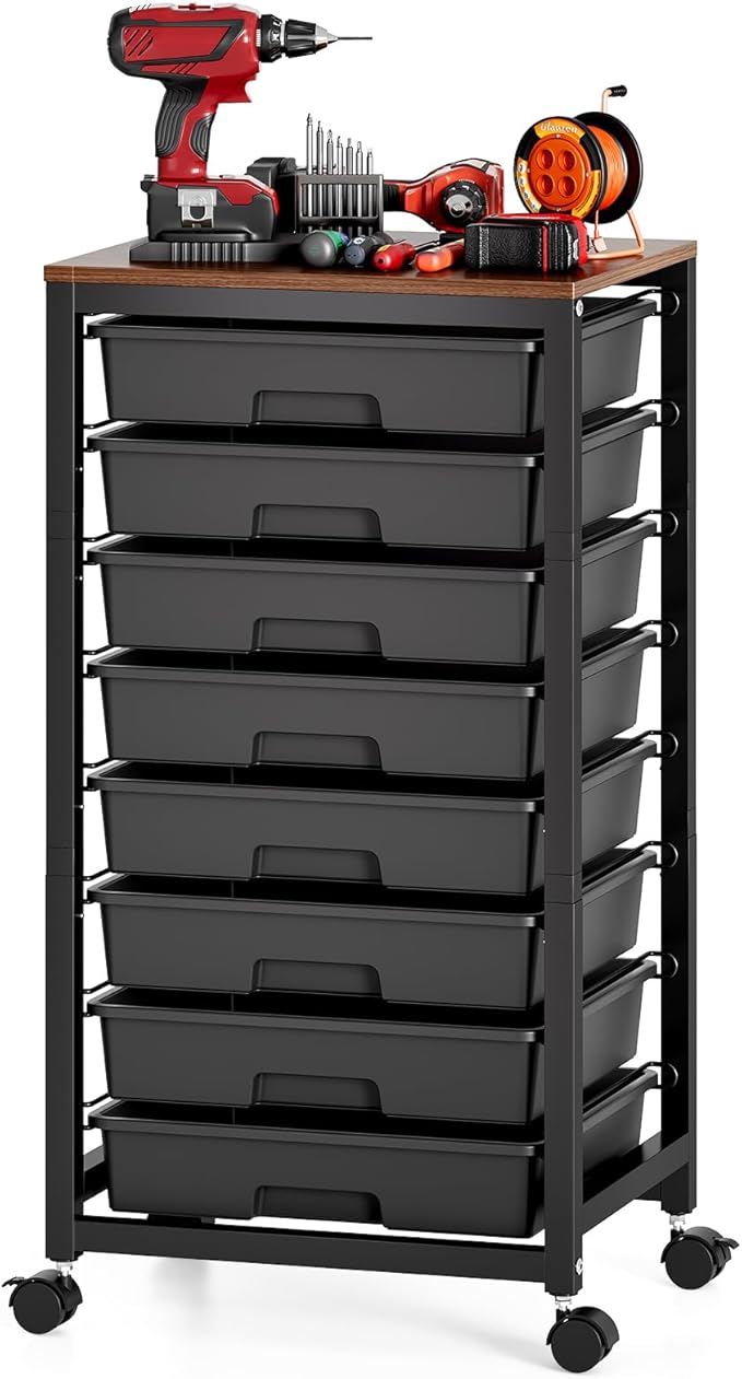 Rolling Storage Cart with Drawers,Utility Cart With 8 Drawers and Wooden Tabletop,Rolling Drawer Cart,Storage Drawer Cart for Living Room,Classroom,Bedroom,Bathroom,Dorm,Office, Black