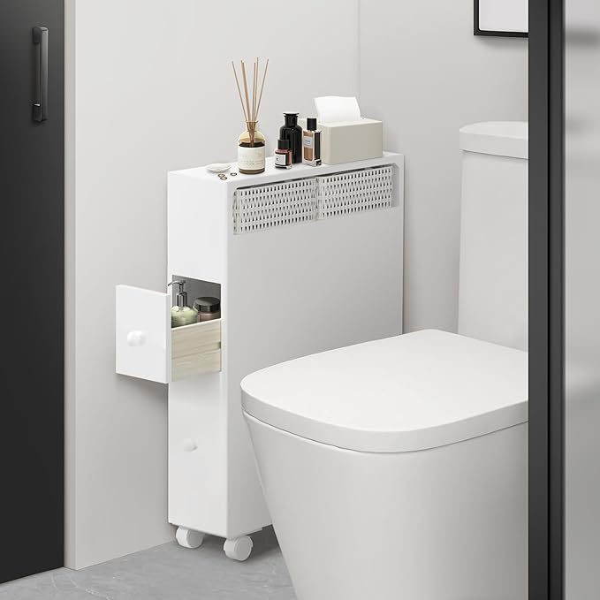 MASAKA B&W Movable Bathroom Storage Cabinet with 2 Drawers and Shelf, Toilet Paper Storage, Corner Shelves, Bathroom Furniture Sets, Side Organizer Toilet