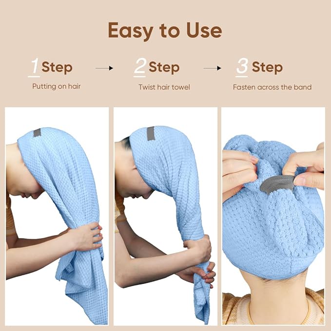 HOMEXCEL Blue Microfiber Hair Towels 5 Pack- 40 x 20 inches Super Soft, Fast Drying Turbans for Long, Thick, Curly Hair - Anti Frizz Wrap with Elastic Strap, Blue/Pink/Grey