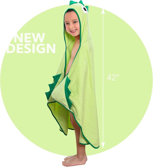 Premium Kids Dinosaur Design Hooded Towel | 100% Cotton Heavyweight Terry Cloth | Bath, Beach Towel for Boys & Girls (Green)