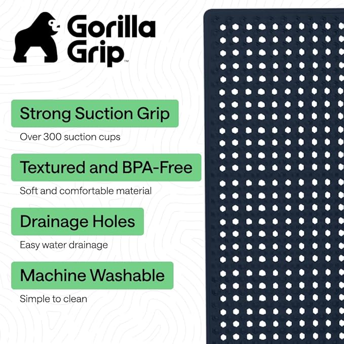 GORILLA GRIP Patented Bath Tub Shower Mat, Machine Washable Bathtub Floor Liner Mats, Suction Cups and Drain Holes to Keep Tubs Clean, Soft on Feet, Bathroom Essentials, 35x16 Inch, Navy Opaque