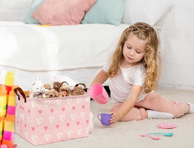 Rectangular Kids Storage Basket Gift Basket Baby Storage Basket Cute Kids Toy Storage Bin Organizer Shelf Book Basket Room Decor(Pink Heart)
