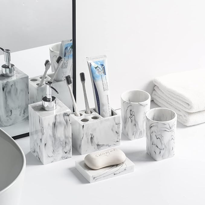 5-Piece Bathroom Counter Top Accessory Set - Dispenser for Liquid Soap or Lotion, Soap Dish, Toothbrush Holder and 2 Tumblers, Marble Pattern Resin (Ink White)