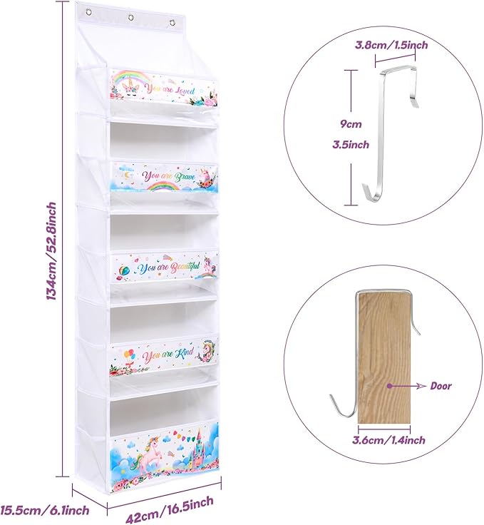 WERNNSAI Unicorn Over the Door Organizer, 5 Large Pockets Hanging Organizer with 10 Mesh Side Pockets, Storage Toy Diaper Baby Essential, Baby Nursery Storage for Girl Bedroom Bathroom Playroom Decor