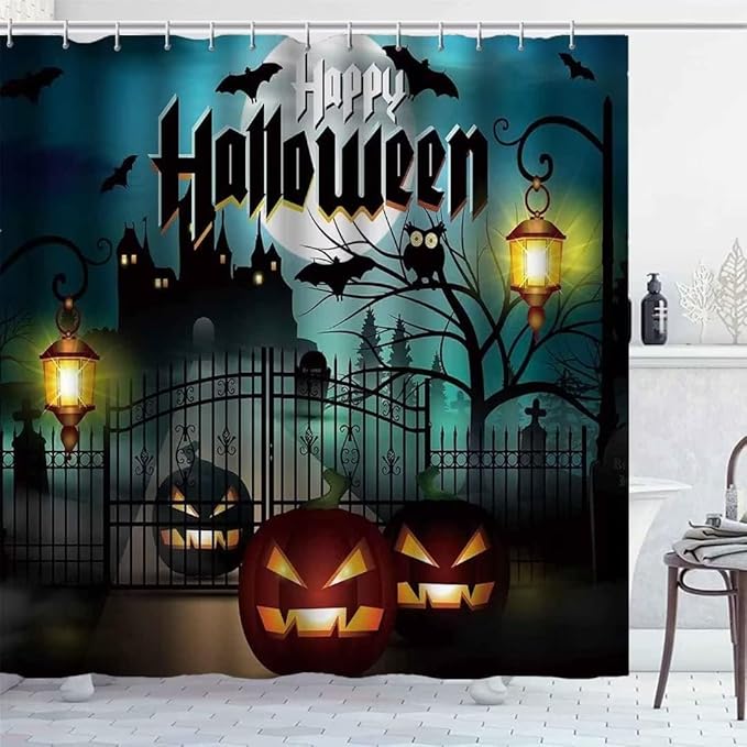Halloween Bats Castle Pumpkin Waterproof Shower Curtain Set,with Non-Slip Rugs,Toilet Lid Cover and Bath Mat,Black Gloomy Bathroom Decor Accessory Set