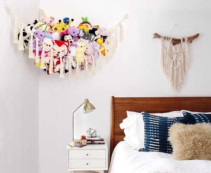 Stuffed Animals Hammock Corner Hanging Net with Wooden Beads Macrame Stuffed Animal Storage Ideas Plush Holder Toy Organizer for Boho Nursery Playroom Bedroom Kids Room Decor (cream, X-Large)