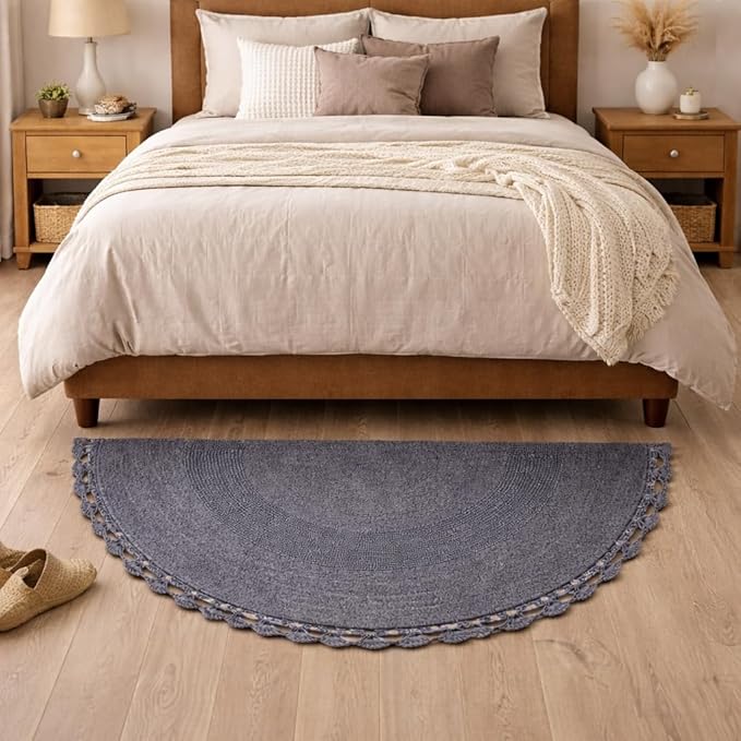 Half Moon Circle Bohemian Bathroom Rug with Handwoven Chrochet Border, Beautifully Handcrafted 100% Cotton Mat - 22x42", Round Boho Bedroom Rug, Boho Bathroom Décor, Machine Washable - Charcoal Grey