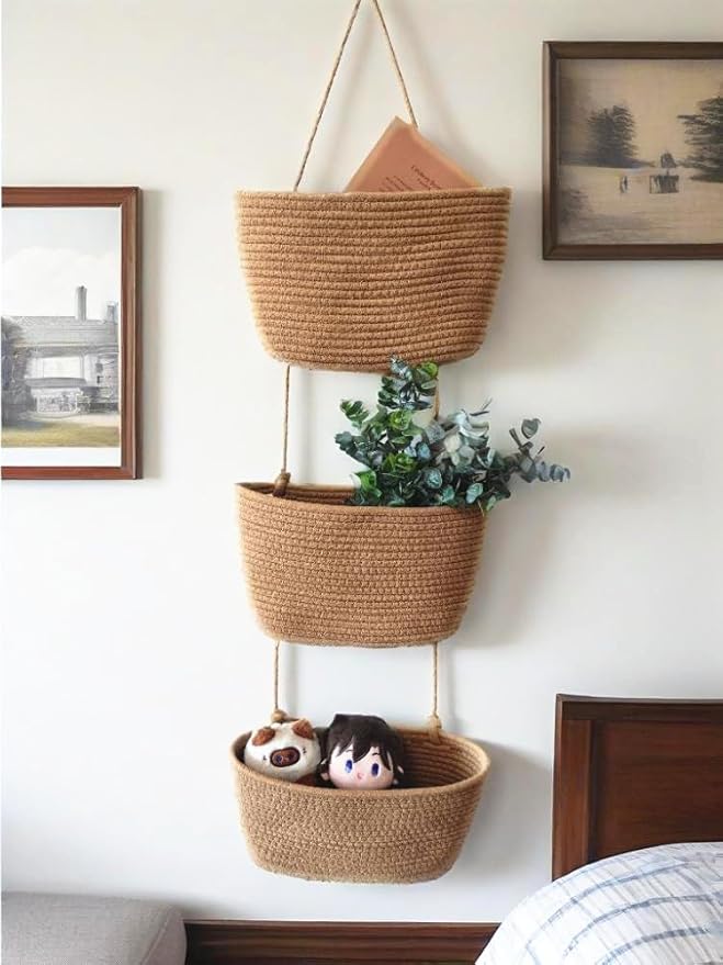 Over The Door Hanging Basket, 3 Tier Cotton Rope Woven Wall Basket, Magazine Racks Hanging Organizer, Decorative Hanging Storage Baskets for Organizing Living Room, Bathroom and Bedroom (Brown)