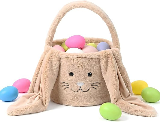 Easter Basket, Cute Bunny Easter Basket with Plush Ears, Easter Baskets for Egg Hunt, Candy & Gift Storage (Brown)