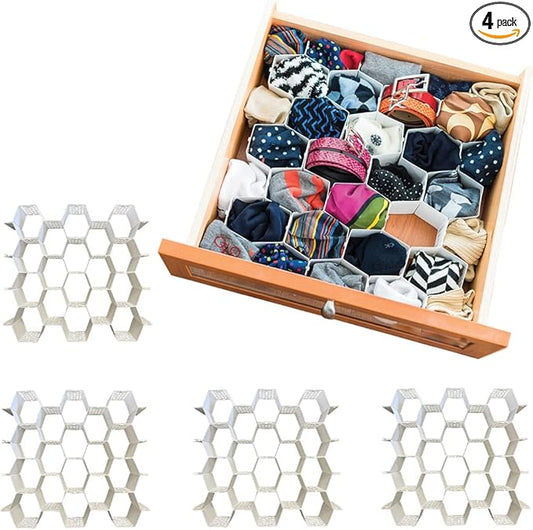 Evelots Honeycomb Drawer Organizer - Set of 4, 112 Slots, Easy Snap-Together Assembly, Adjustable & Durable Plastic Dividers, Perfect for Socks, Underwear, Ties, Accessories, and More - Customizable S