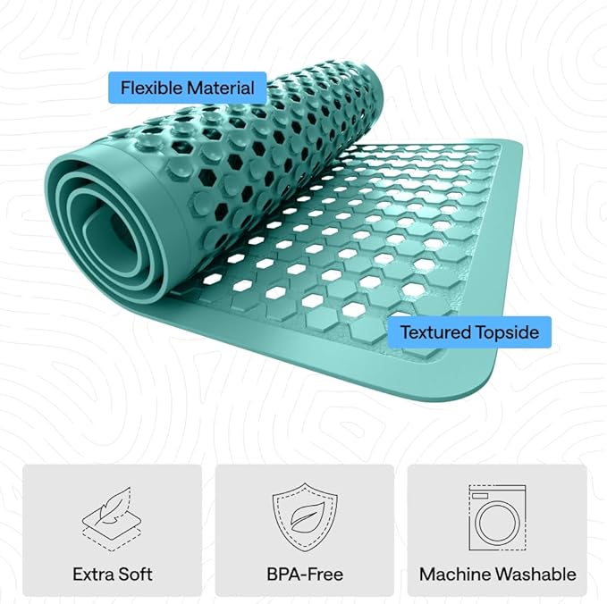 GORILLA GRIP Patented Square Shower Stall Mat, Small Bathtub Floor Mats for Stand Up Showers, Suction Cups and Drain Holes, Machine Wash, Soft on Feet, Bathroom Accessories 21x21 Inch Turquoise Opaque