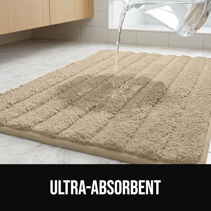 GORILLA GRIP Textured Backing Bathroom Rugs, Soft Memory Foam Absorbent Striped Bath Mats, Machine Washable & Fade Resistant, Bathmat Accessories for Floor, Home Decor Shower Essentials, Beige 30x18