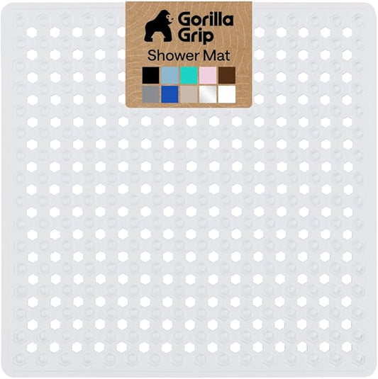 GORILLA GRIP Patented Square Shower Stall Mat, Small Bathtub Floor Mats for Stand Up Showers with Suction Cups and Drainage Holes, Machine Wash, Soft on Feet, Bathroom Accessories 21x21 Inch, White