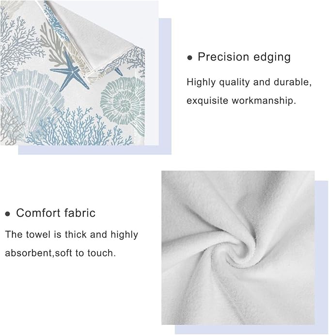 3 Piece Nautical Blue Grey Bath Towels Set,Microfiber Absorbent Beach Theme Starfish Coral Ocean Coastal Towels for Bathroom,1 Bath Towel,1 Hand Towel,1 Washcloth,Decorative Bathroom Towels