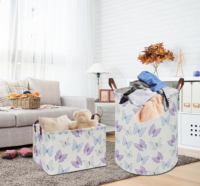 Rectangle Storage Basket with Handles, Collapsible Toys Bin, Books Box,Gift Basket(Blue & Purple Butterfly)
