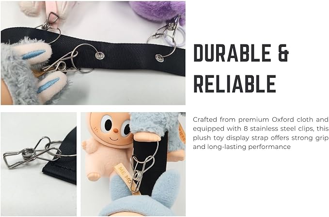 Plush Toy Display Strap for 15-17cm Blind Box Style Dolls, Stuffed Animal Hanging Chain with 8 Clips, Wall & Over Door Organizer (No Dolls Included) (1-Pack Black)