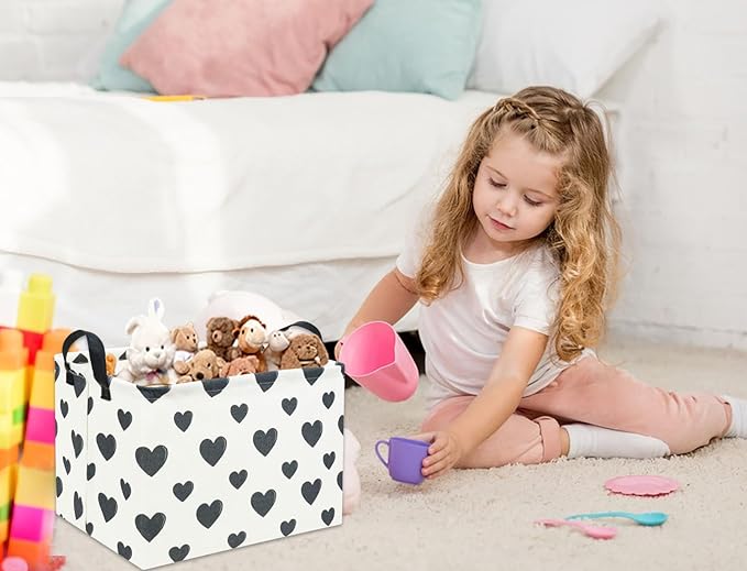 Rectangular Love Heart Toy Storage Bin Organizer Shelf Book Basket Love Room Decor (Black Heart)