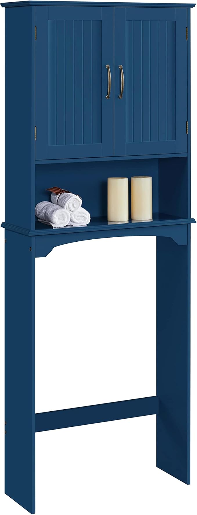 Topeakmart Over The Toilet Storage Cabinet, Organizer with Double Doors and Inner Adjustable Shelf and Lower Open Shelf for Bathroom Laundry, 66 in H, Navy Blue