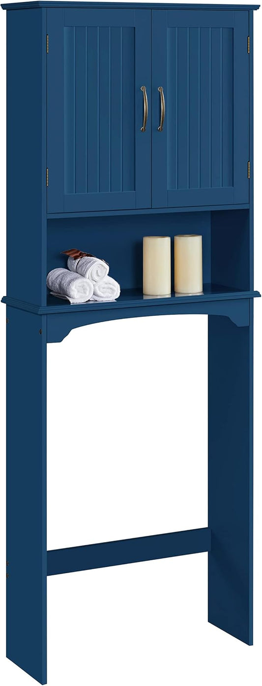 Topeakmart Over The Toilet Storage Cabinet, Organizer with Double Doors and Inner Adjustable Shelf and Lower Open Shelf for Bathroom Laundry, 66 in H, Navy Blue