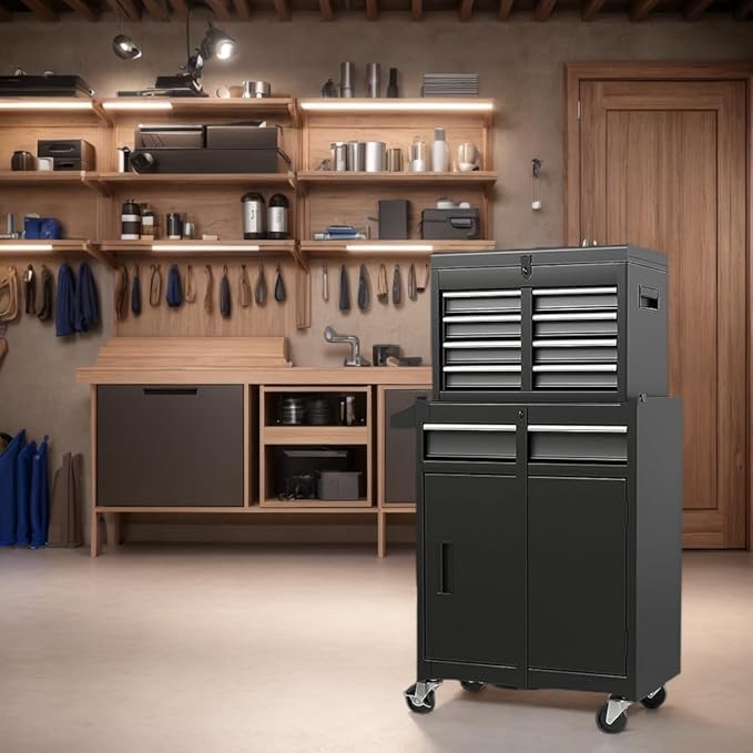 5-Drawer Rolling Tool Chest & Cabinet With Detachable Top Box - Heavy-Duty Metal Tool Cart With 4 Hooks, Lockable Drawers & 4 Wheels For Garage, Workshop, And Automotive Organization(Black)