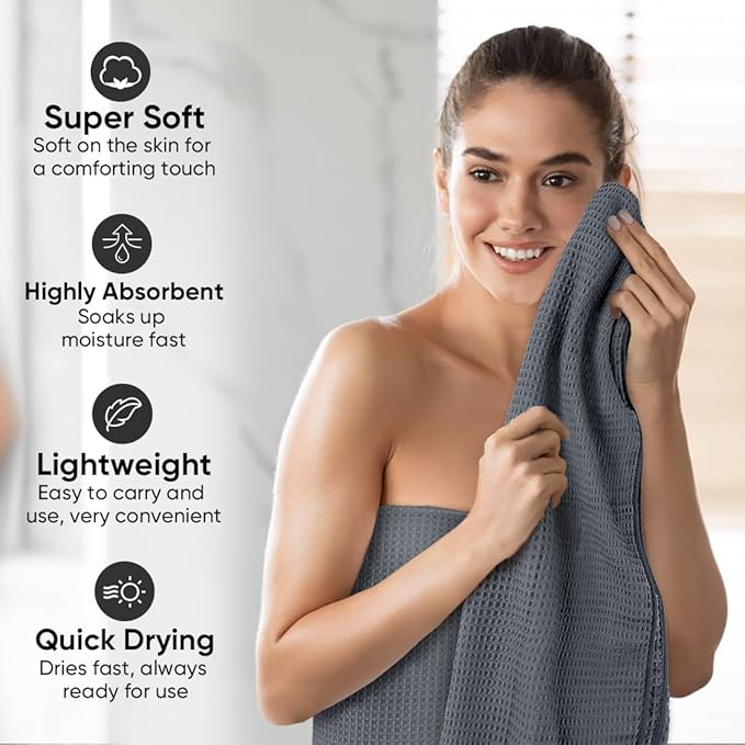 HOMEXCEL Waffle Bath Towels Set 4 Pack, Premium Microfiber Bathroom Towels, Ultra Soft, Lightweight, Highly Absorbent and Quick Dry Towel for Bathroom, Gym, Shower, Hotel, and Spa, 27 x 54 Inch, Grey