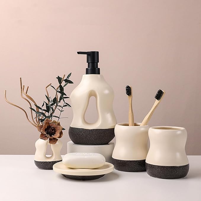 5PCS Bathroom Accessories Set, Two Toothbrush Cups, Soap Dispenser, one Aromatherapy Decorative Cup, and one soap Dish，Bathroom Organizer for Modern Bathrooms