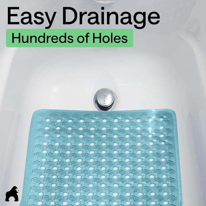 GORILLA GRIP Patented Bath Tub Shower Mat, Machine Washable Bathtub Floor Liner Mats, Suction Cups and Drain Holes to Keep Tubs Clean, Soft on Feet, Bathroom Essentials, 35x16 Inch, Clear Turquoise