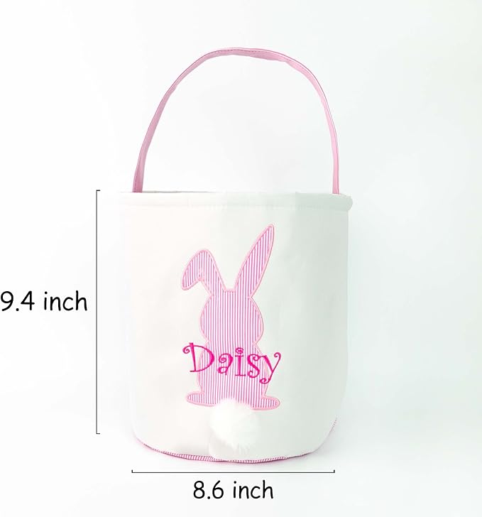 MT WORLD Toddler Easter Bunny Basket Personalized Easter Egg Bucket for Kids with Name Canvas Rabbit Bucket Tote for Baby Boys Girls Easter Egg Hunts Decorations Candy Gifts Storage (Pink Bunny)