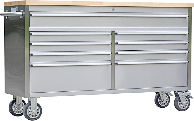 61" Rolling Tool Chest with 9 Drawers, Solid Rubber Wood Workbench Top, Locking Wheels & Key Lock, Mobile Garage Tool Cabinet for Workshop Storage & Organization