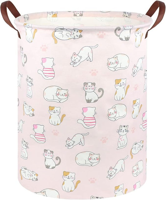 Pink Hamper,Cat Laundry Basket,Canvas Fabric Collapsible Cute Storage Baskets with Handles,Pink Clothes Hamper,Kids Toy Storage Basket,Toy Organizer,Cat Room Decor(Pink Cat)