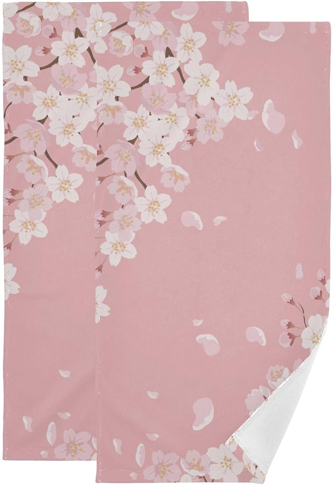 2 Pcs Pink Cherry Blossom Floral Decorative Hand Towels for Bathroom,Soft Absorbent Japanese Flower Aethetic Dish Towels for Kitchen,Quick Dry Guest Bathroom Towels for Face,Shower 14"x28"