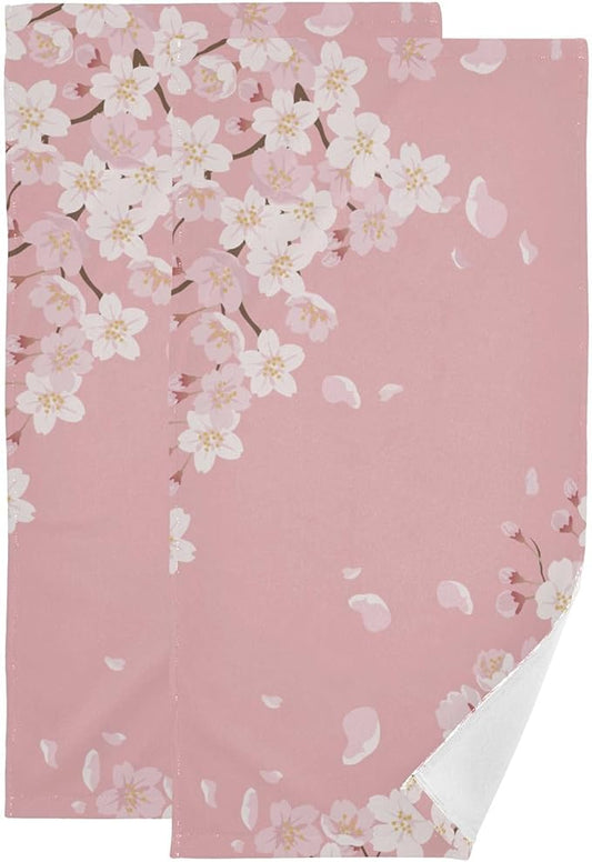 2 Pcs Pink Cherry Blossom Floral Decorative Hand Towels for Bathroom,Soft Absorbent Japanese Flower Aethetic Dish Towels for Kitchen,Quick Dry Guest Bathroom Towels for Face,Shower 14"x28"
