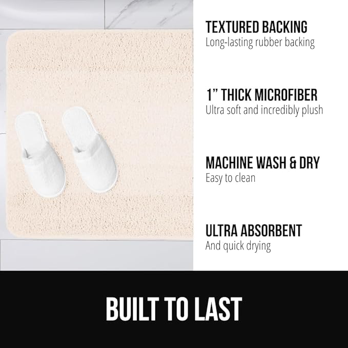 GORILLA GRIP Soft Plush Bathroom Rugs with Textured Rubber Backing, Absorbent Quick Dry Bath Mat, Machine Washable Shower Mats, Home Décor Accessories, Bathmat Rug Floor Essentials, 24 x 16 Ivory