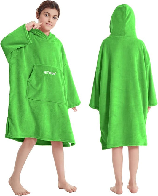 Hiturbo Kids Towel Changing Robe: Soft Plush Wearable Blanket - Warm Coral Fleece Hoodie - Swim Surf Poncho for 5-12 Years (Green)