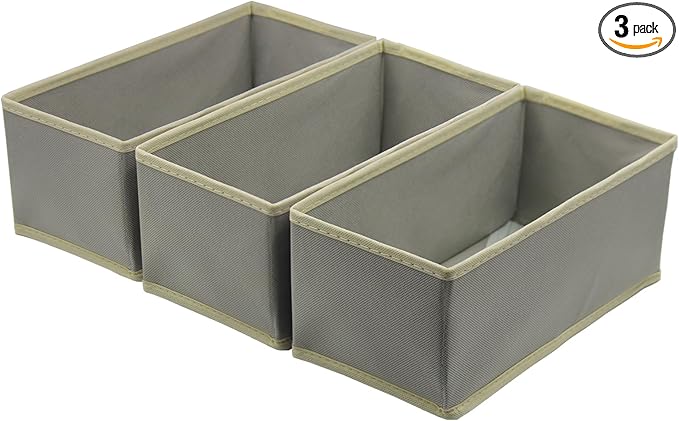 Sock Drawer Organizer 3 Pack - Foldable Fabric Storage Bins for Underwear Divider, Small Closet Organizers with 3 Compartments, Light Gray