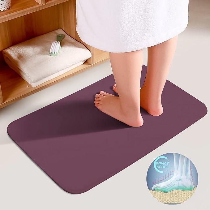 3 Pieces Bath Rug Sets, Plum Purple Color Bathroom Mat Set Non Slip U Shaped Contour Rug & Toilet Lid Cover