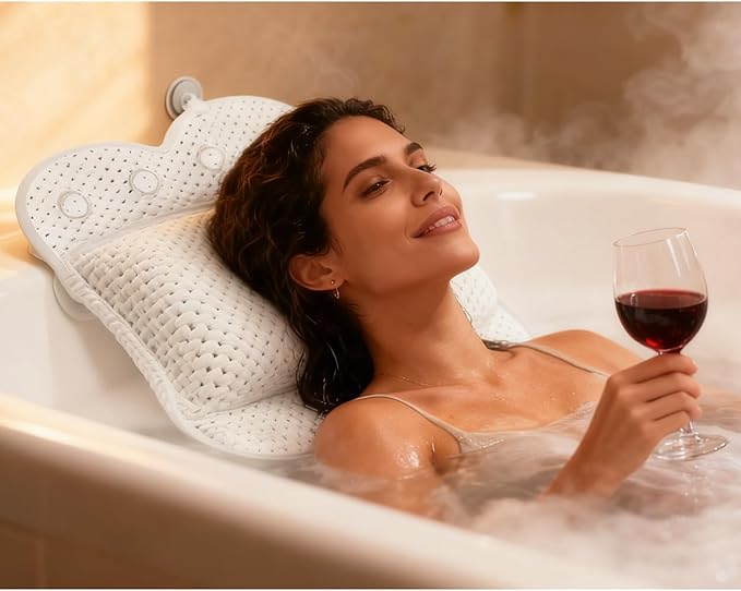 Bath Pillow Non Slip Spa Bathtub Head & Neck Rest Support, Headrest with Soft 4D Mesh Fabric, Permeable Quick Drying Air Mesh Tub Pillow with 8 Suction Cups, Soft & Relaxing, White