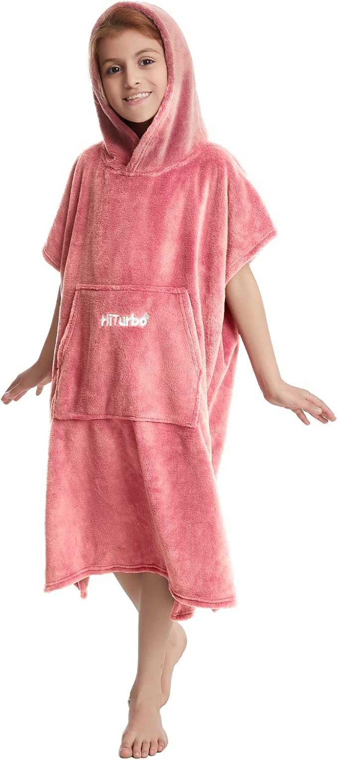 Hiturbo Kids Towel Changing Robe: Soft Plush Bath Towels - Warm Coral Fleece Hoodie - Swim Surf Poncho for 5-12 Years (Pink)
