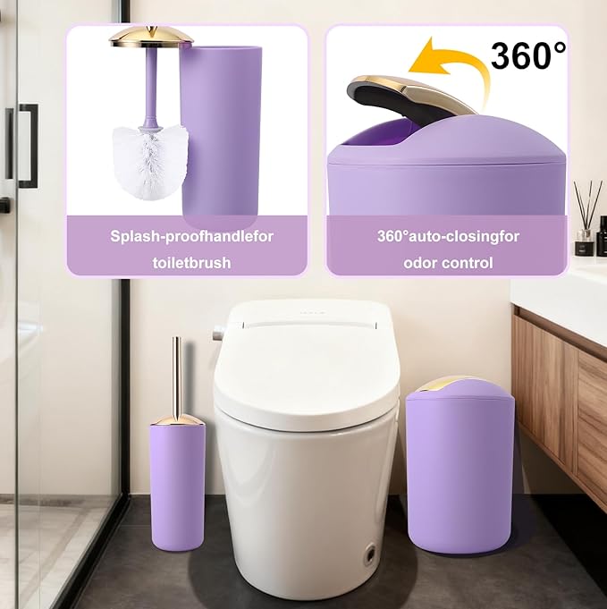 25 Pieces Bathroom Set Purple and Gold Bathroom Accessories Set, Shower Curtain and Rugs, Trash Can, Toilet Brush, Soap Dispenser, Soap Dish, Toothbrush Holder, Tumbler, Tray, Qtip Holder