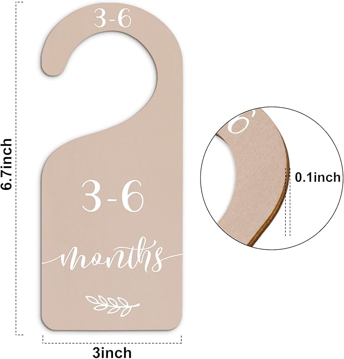 Whaline 7Pcs Earth Tone Wood Baby Closet Size Dividers with Velvet Bag Newborn to 24 Month Thicken Infant Wardrobe Hanger Organizers for Home Nursery Party Favors Supplies