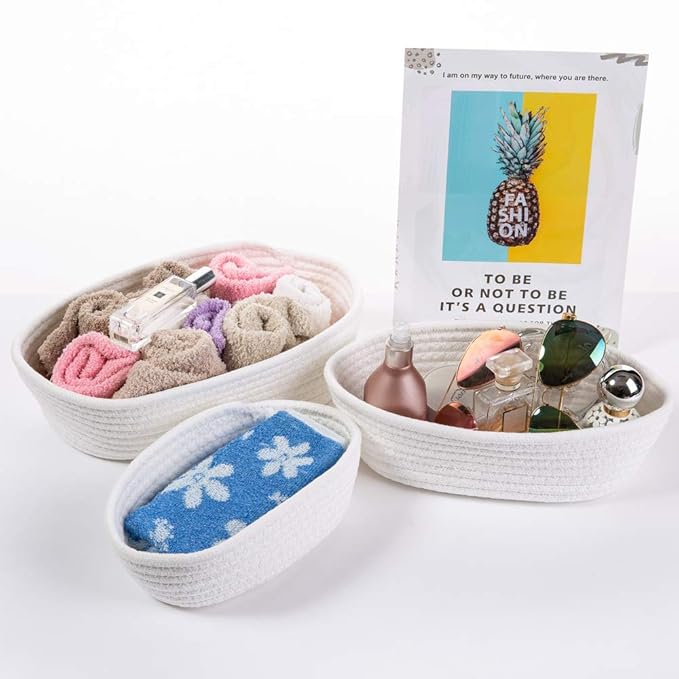 Cotton Rope Handmade Woven Home Storage Household Candy Toys Storage Basket Sundries Collection Box Candy Snack Food Tray SML Pack of 3 (Oval, White)