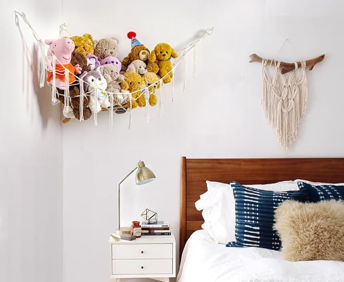 Stuffed Animals Hammock Corner Hanging Net Macrame Stuffed Animal Storage Plush Toy Holder Toy Organizer for Boho Nursery Playroom Bedroom Kids Room (cream, Large)