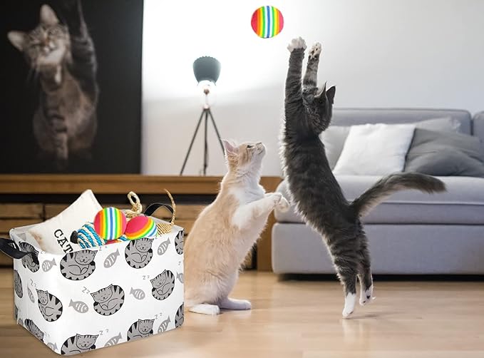 HIYAGON Cat Basket Cute Toy Storage Basket Bin Organizer Box Kids Gift Basket Empty Rectangular Cat Room Decor for Home Books(Fish & cats)