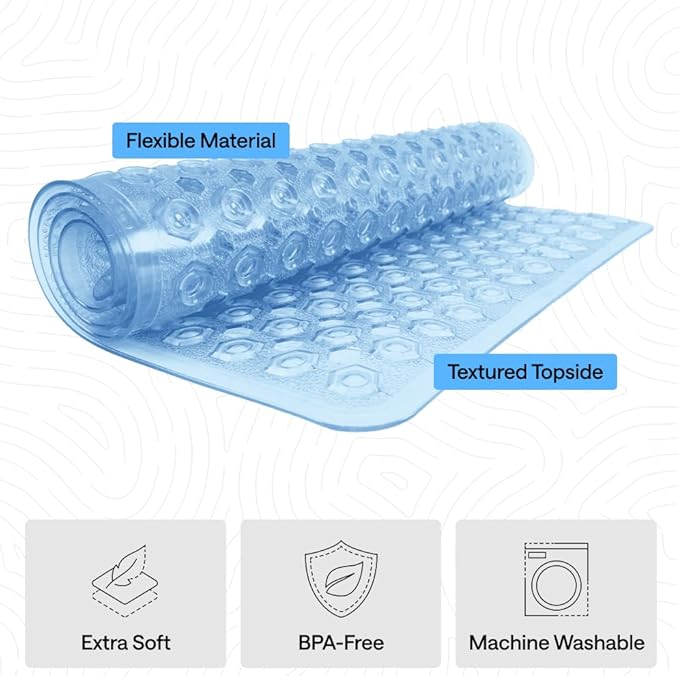 GORILLA GRIP Patented Square Shower Stall Mat, Small Bathtub Floor Mats for Stand Up Showers with Suction Cups and Drainage Holes, Machine Washable, Soft on Feet, Bathroom Accessories 21x21 Inch, Blue