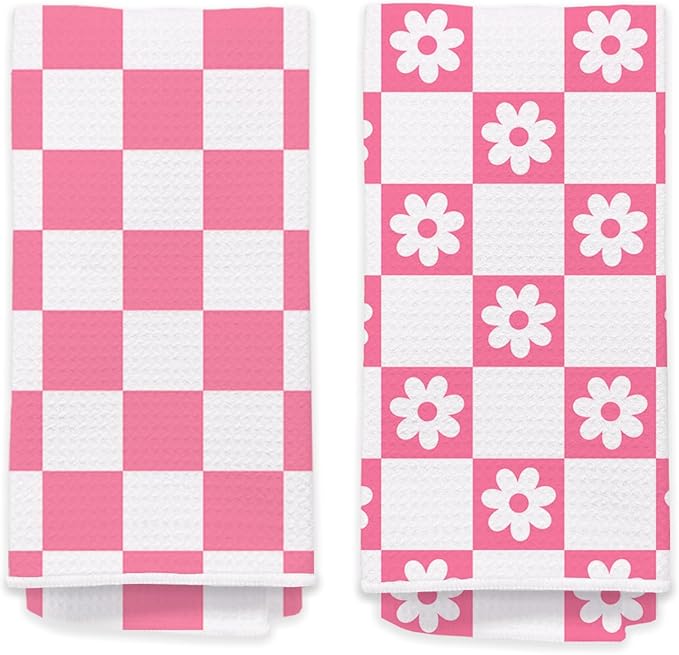 2 Pack Pink Checkered Floral Hand Towels for Bathroom - Cute Colorful Daisy Dish Tea Towels for Kitchen, Cottagecore Decorative Hand Towels for Guest Bathroom, Housewarming Gift Idea 309