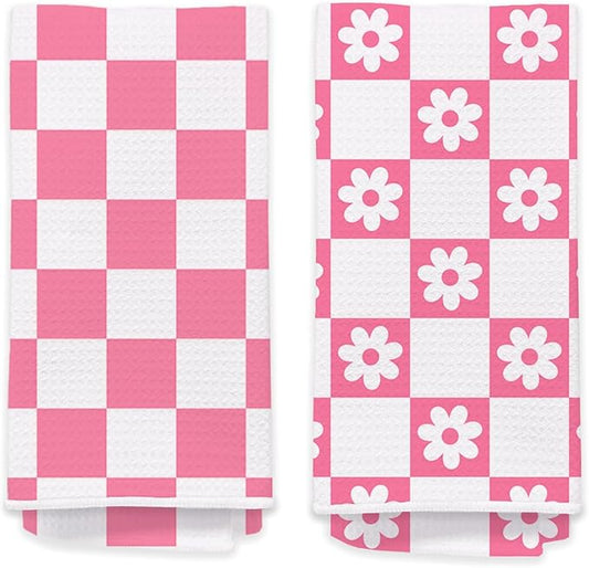 2 Pack Pink Checkered Floral Hand Towels for Bathroom - Cute Colorful Daisy Dish Tea Towels for Kitchen, Cottagecore Decorative Hand Towels for Guest Bathroom, Housewarming Gift Idea 309
