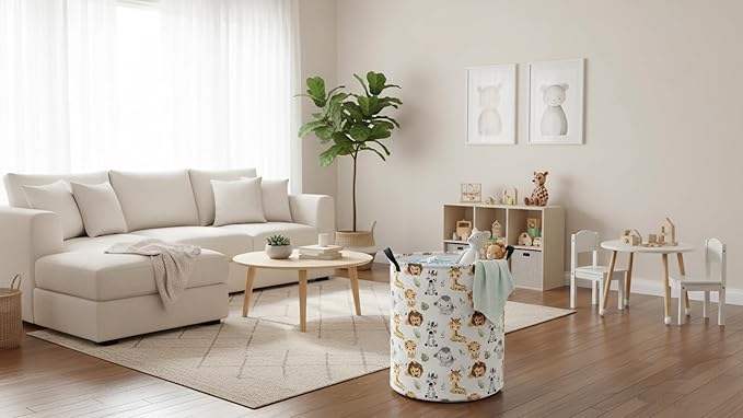CLOCOR Round Collapsible Flat Storage Basket,Space-Saving Fabric Laundry Hamper for Clothes,Nursery Hamper,Gift Basket(Cute Animals)
