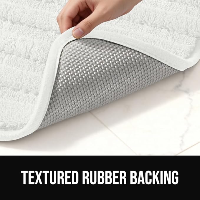 GORILLA GRIP Textured Backing Bathroom Rugs, Soft Memory Foam Absorbent Striped Bath Mats Set of 2, Machine Washable Fade Resistant, Floor Bathmat, Home Decor Shower Essentials, White 24x16 and 30x18